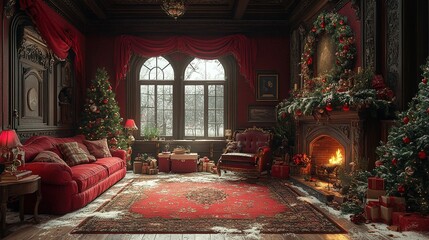 Obraz premium Christmas Scene in a Grand Victorian Living Room