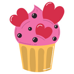 Cute pink cartoon cupcake with hearts and chocolate sprinkles in flat style. Happy Valentines day design element.