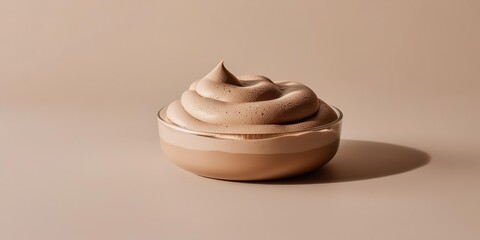 Mocha mousse minimalism food style, pastel brown mousse coffee dessert in a transparent bowl, light background, color trend 2025, fashion design