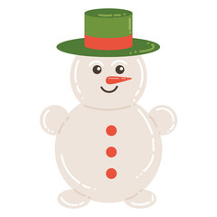 Cute cartoon cheerful snowman with green hat in flat style. Happy winter holidays design element.