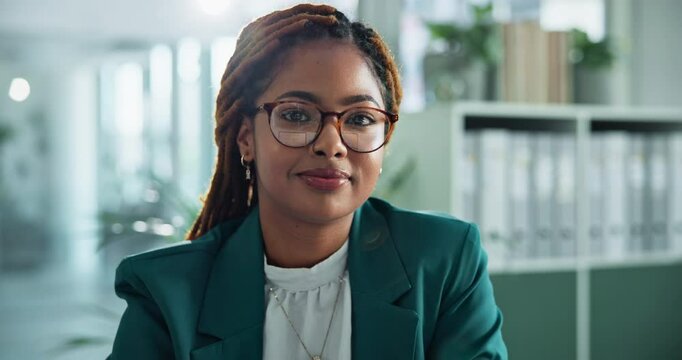 African woman, thinking and face of employee with smile and confidence of stock market consultant. Solution, about us and office with professional and pride for investment and corporate job