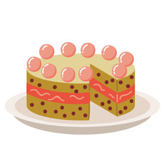 Cute cartoon Merry Christmas cake with little pink sweet balls in flat style. Biscuit cake with cream for Happy New Year celebration.