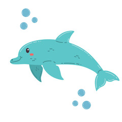 Cute cartoon happy dolphin in flat style. Cheerful wild sea animal isolated on white background.