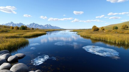 Fototapeta premium Serene landscape with a river, mountains, and lush greenery.