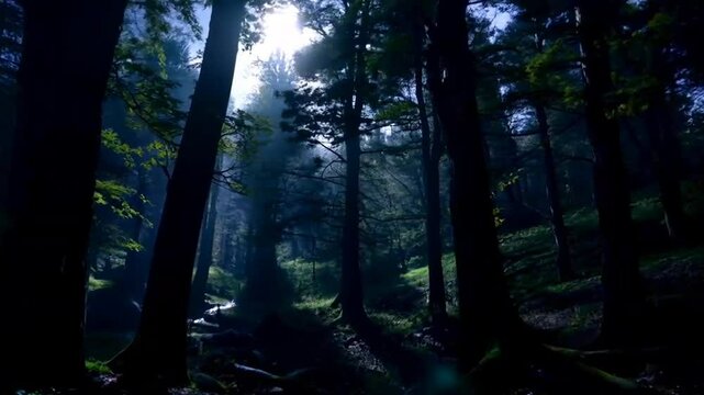 Sunbeams shining through dense forest trees for World Environment Day