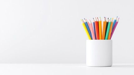 Fototapeta premium Colorful pencils arranged in a white container on a table.