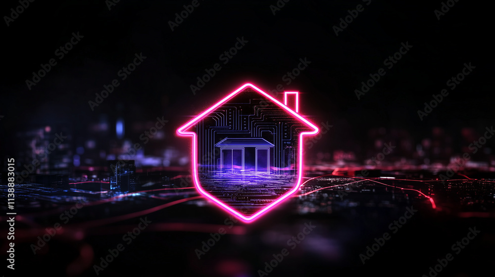 Poster a house icon with pulsating neon lights is framed by a shield detailed with glowing circuit pathways