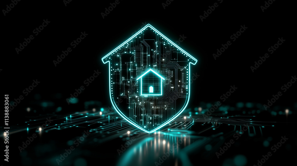 Aufkleber the central glowing house icon is surrounded by a shield with luminous circuit-board engravings, cre