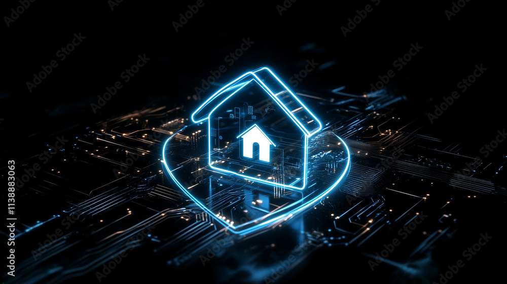 Poster the central glowing house icon is surrounded by a shield with luminous circuit-board engravings, cre