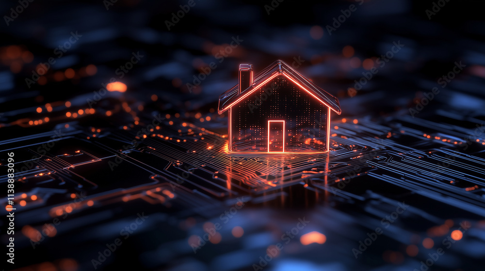 Poster the central glowing house icon is surrounded by a shield with luminous circuit-board engravings, cre