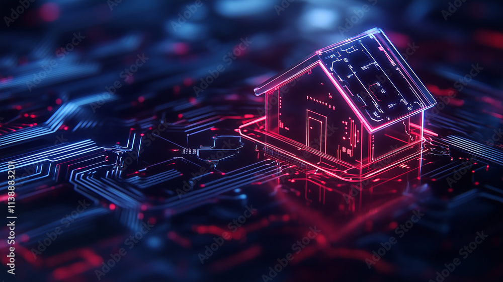 Poster the house icon, designed with sleek, glowing edges, is set within a translucent shield with intricat