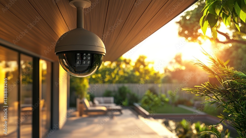 Poster a security camera installed in a modern outdoor setting with greenery and sunlight.