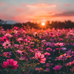 Landscape nature background of beautiful pink and red cosmos flower field with sunset. vintage color tone