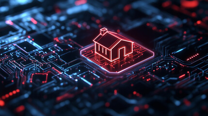 In a dark, high-tech setting, a glowing house icon within a shield glimmers with neon circuits, representing advanced smart home protection.