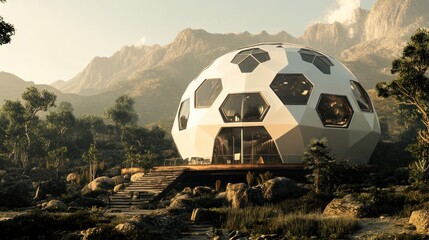 Futuristic geodesic dome house nestled in a mountain landscape.