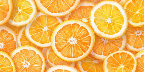 Obraz premium Fresh juicy orange slices seamless pattern with vibrant citrus fruit texture for summer themes, healthy food concepts, kitchen decor, digital wallpaper, and refreshing design backgrounds