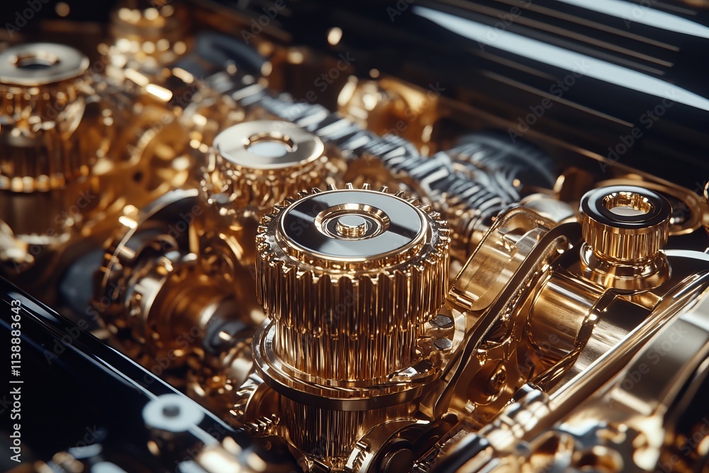 Poster intricate close up of golden gears and cogs highlighting precision engineering in luxury automobiles