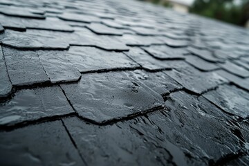 Obraz premium Wet dark roof, patterned tiles, close-up view.