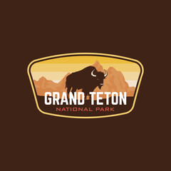 Grand Teton national park with Bison and mountain landscape Stickers badge patch emblem logo vector illustration