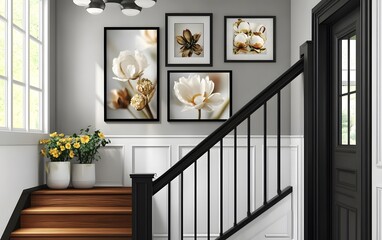 A stylish entryway featuring floral artwork and a staircase with natural light.