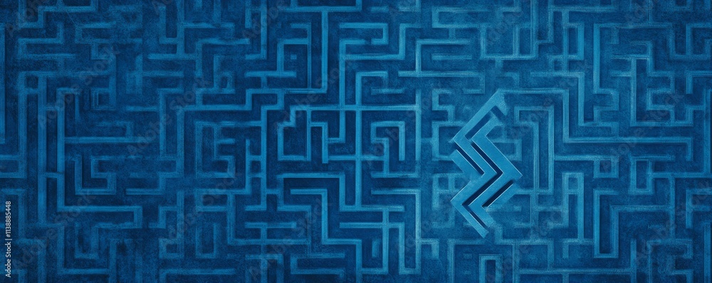 Poster maze, maze with an arrow pointing to the exit on a blue background