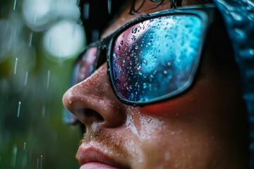 Rain-soaked face, eyewear, close-up, blurred background.