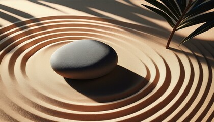 Naklejka premium Zen Stones With Water Drops Motive - Zen Stone On Raked Sand With Shadow Palm Leaves - Japanese Rock Garden