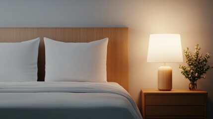 Cozy bedroom interior with a wooden bed, soft pillows, table lamp, and decorative plant for restful nights