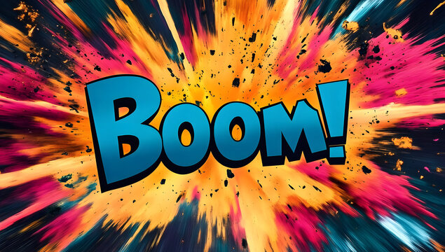 In vibrant colors, a comic-style explosion features boom text - Powered by Adobe