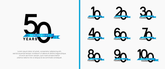 anniversary logo style set. vector design black color with blue ribbon for celebration moment