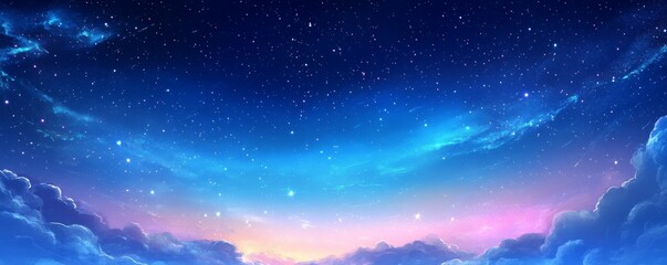 Magical Sky with Aurora and Stars. Blue Northern Lights Background with copy-space.