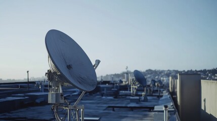 A shot of a satellite dish installation on a rooftop with a focus on the surface texture and the mechanisms that enable highspeed satellite communication.