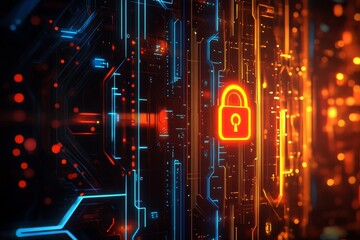 Abstract futuristic background with glowing circuits and red padlock for data security branding