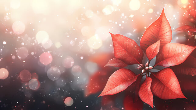 Vibrant red poinsettia flowers bloom majestically against a soft, blurred backdrop of twinkling lights, providing ample space for festive textual overlays. Blooming. Illustration