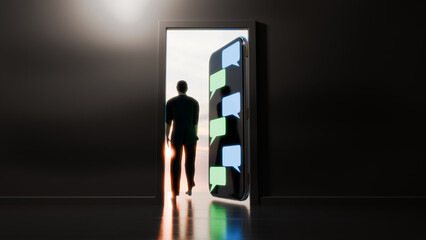Obraz premium 3d rendered abstract image of a man walking out an open door that is actually a large mobile phone.
