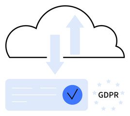 Cloud with bidirectional arrows indicating data transfer above a document featuring a blue checkmark, surrounded by stars and labeled GDPR. Ideal for data protection, cloud storage, compliance