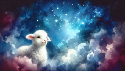 Lamb illustration with watercolor style sky background - Christian background of the Lamb of God with copy space