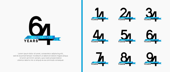 anniversary logo style set. vector design black color with blue ribbon for celebration moment