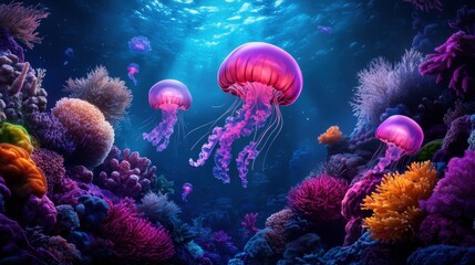Obraz premium Ethereal Jellyfish Gliding Through Vibrant Coral Reef in the Deep Sea World Wonder