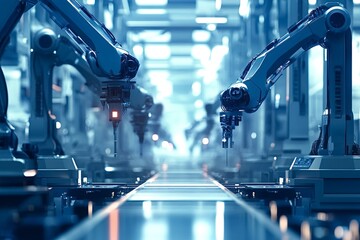 Mechanical arms performing tasks on a production line in an advanced automated manufacturing plant, showcasing the efficiency and precision of industrial robots in contemporary industry