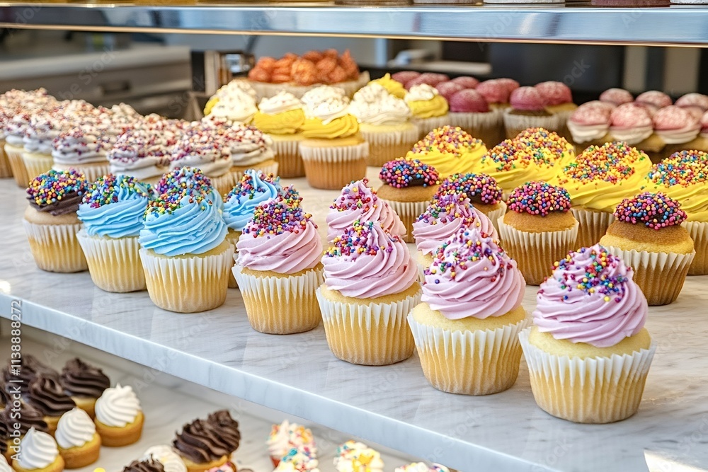 Poster rows of freshly baked cupcakes with colorful frosting and sprinkles are displayed on a marble counte