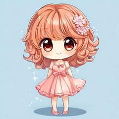 Cute chibi girl in a pink dress. Concept of kawaii, anime, and adorable.