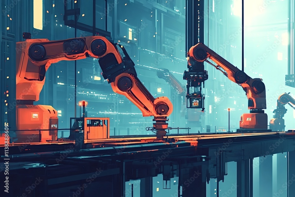 Poster several robotic arms are working on an assembly line inside a futuristic, automated factory, illumin