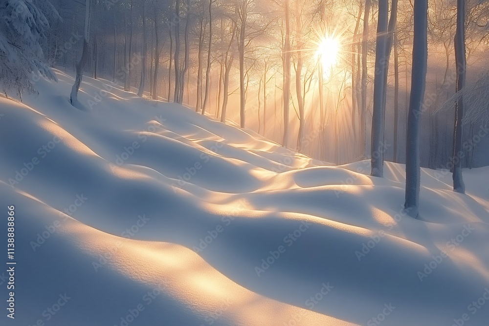 Poster sunbeams shining through snowy trees create a magical atmosphere in a beautiful winter forest landsc