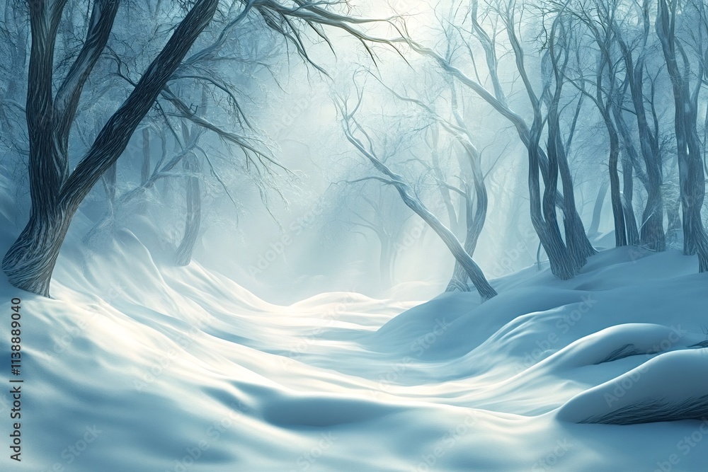 Aufkleber sunbeams filtering through trees illuminate a winding snowy path, creating a serene and magical atmo
