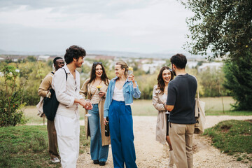 A group of friends gathers outdoors, enjoying each other's company with drinks and laughter. The casual setting and cheerful atmosphere highlight friendship and relaxation amid a scenic natural