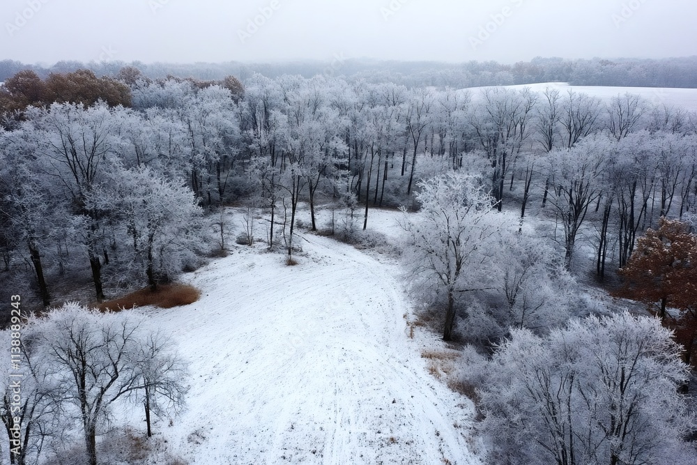 Poster snow-covered path winds through a serene forest landscape, the trees adorned with a delicate layer o