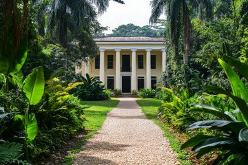 Obraz premium Columned mansion, lush gardens, gravel path.