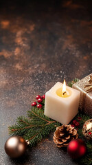 Christmas banner or card design with candle, ornaments, lights, gift box and baubles. Merry Christmas and Happy New Year header with copy space on dark black background