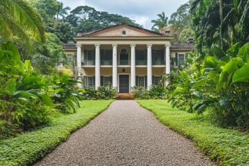 Obraz premium Grand colonial house, lush tropical gardens, gravel path.